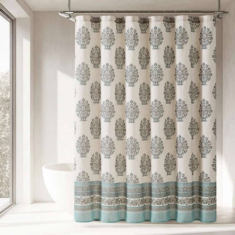 Sofia Blue Floral Black Shower Curtain