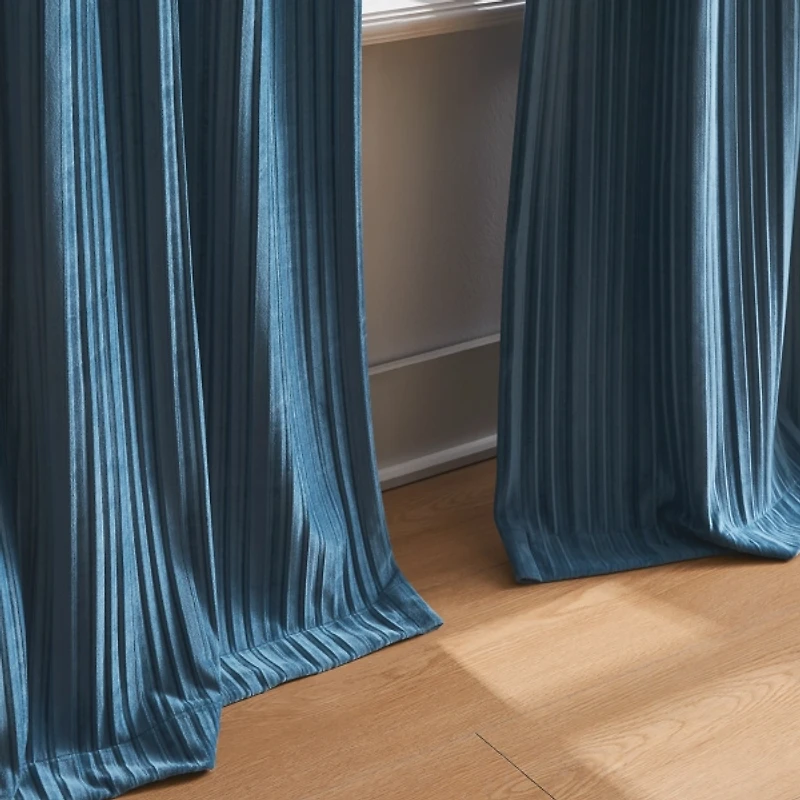 Blue Pleated Velvet Curtain Panel Set, 84 in.