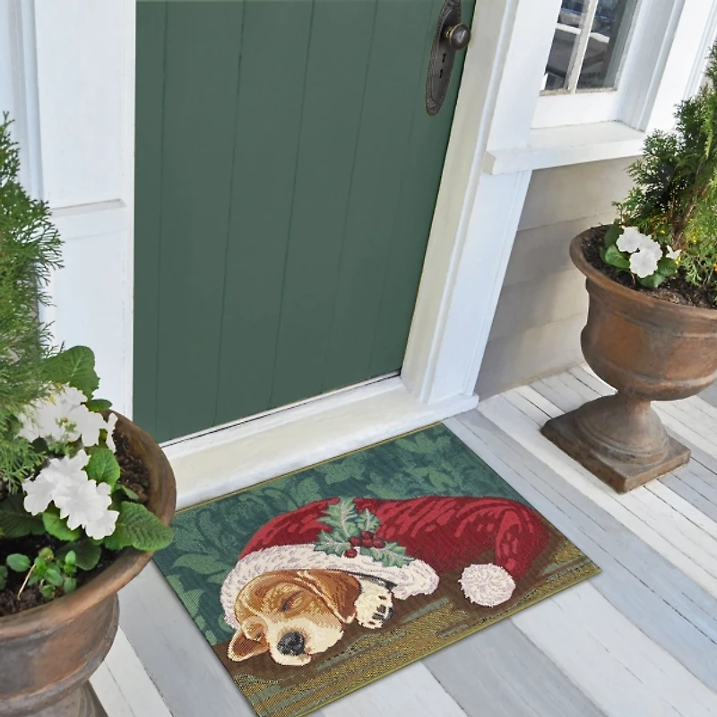 Sleepy Pup in Santa Hat Doormat