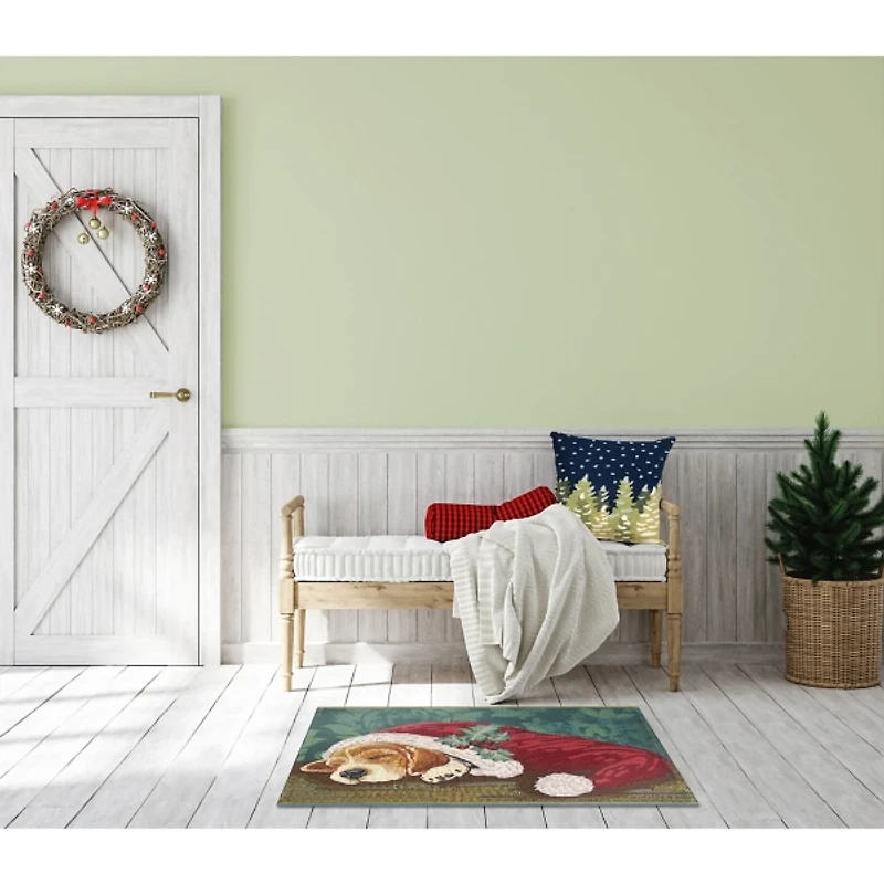 Sleepy Pup in Santa Hat Doormat