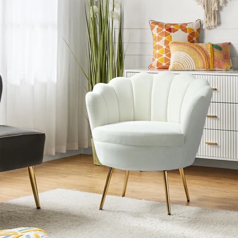 Donata Ivory Velvet Scalloped Barrel Accent Chair
