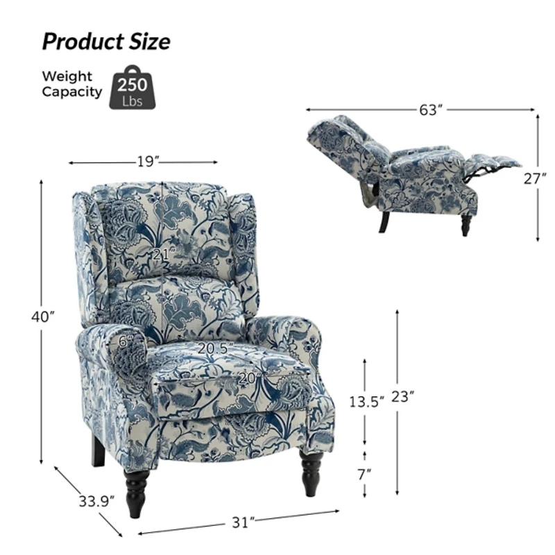 Asikli Blue Jacobean Manual Recliner
