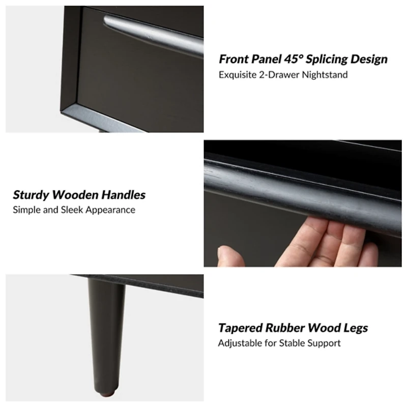 Frieda Black Wood 2 Drawer Charging Nightstand