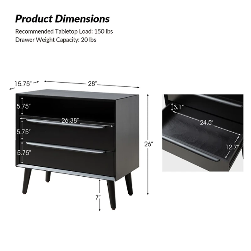 Frieda Black Wood 2 Drawer Charging Nightstand