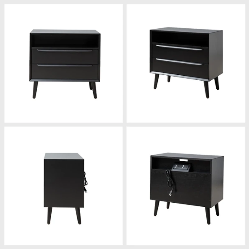 Frieda Black Wood 2 Drawer Charging Nightstand