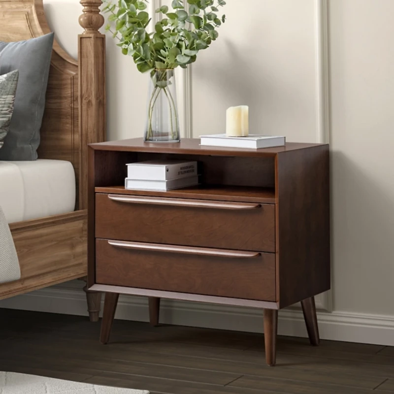 Frieda Walnut Brown 2 Drawer Charging Nightstand