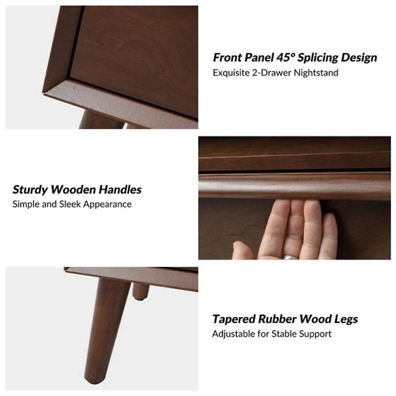 Frieda Walnut Brown 2 Drawer Charging Nightstand