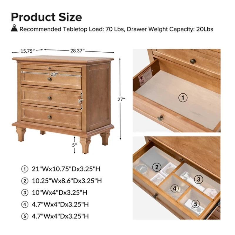 Acorn Brown Dominic 3 Drawer Charging Nightstand