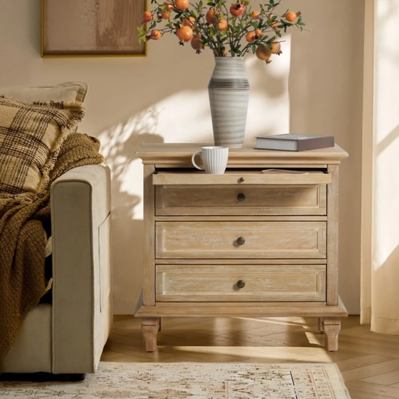 Natural Wood Dominic 3 Drawer Charging Nightstand