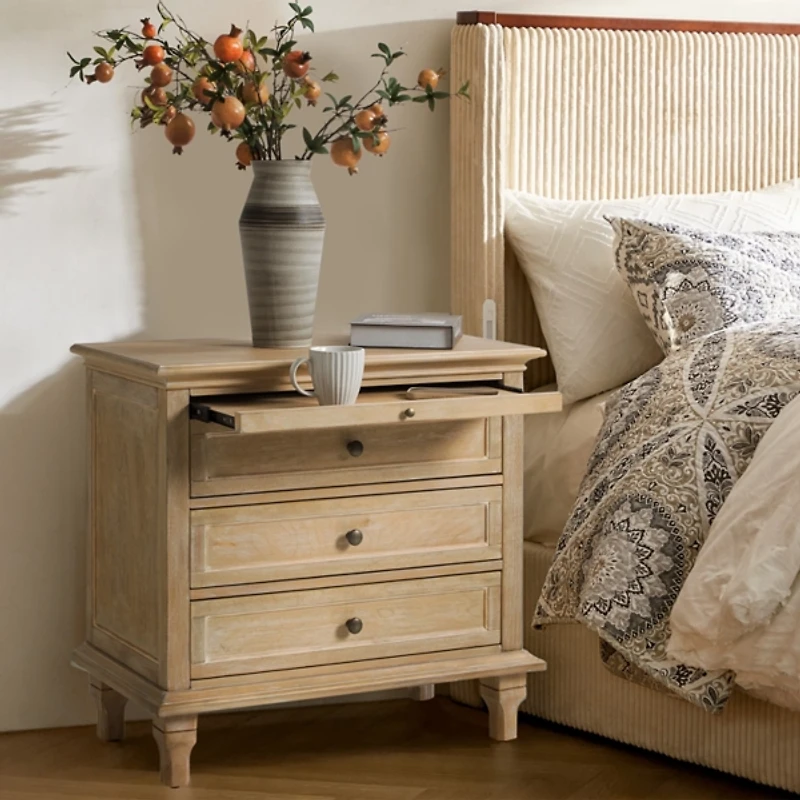 Natural Wood Dominic 3 Drawer Charging Nightstand