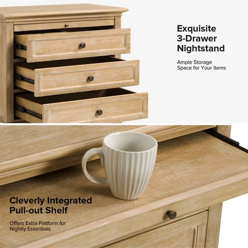 Natural Wood Dominic 3 Drawer Charging Nightstand