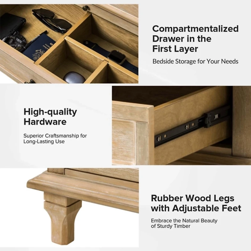 Natural Wood Dominic 3 Drawer Charging Nightstand