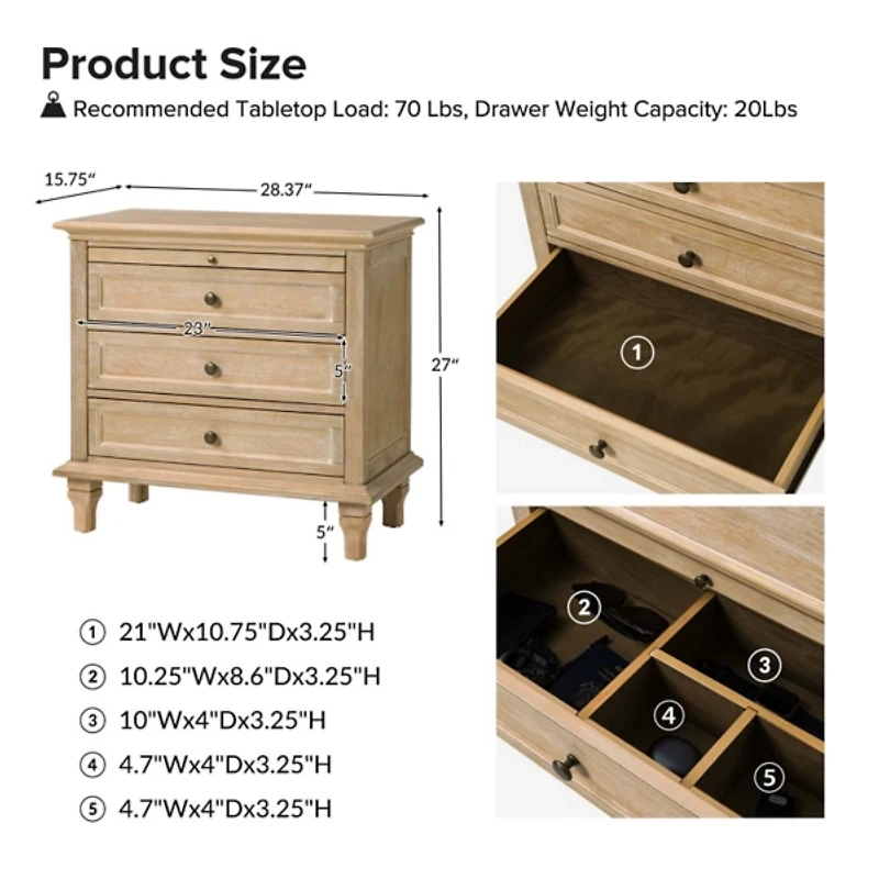 Natural Wood Dominic 3 Drawer Charging Nightstand