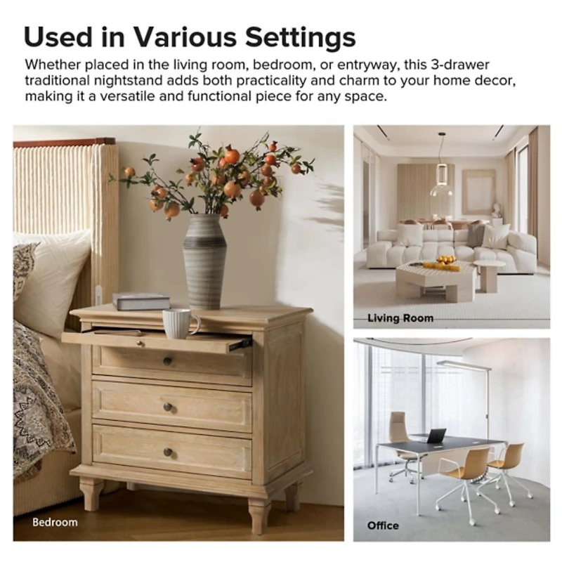 Natural Wood Dominic 3 Drawer Charging Nightstand