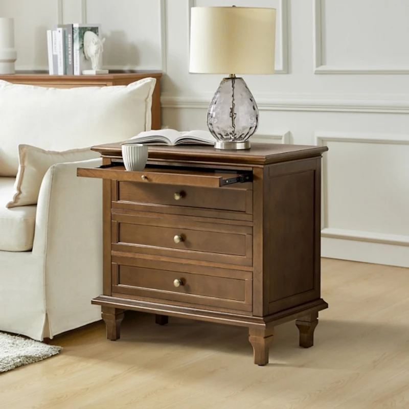 Walnut Brown Dominic 3 Drawer Charging Nightstand