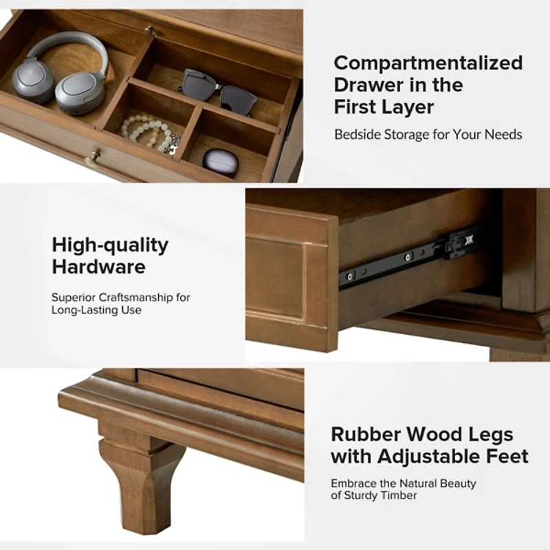 Walnut Brown Dominic 3 Drawer Charging Nightstand