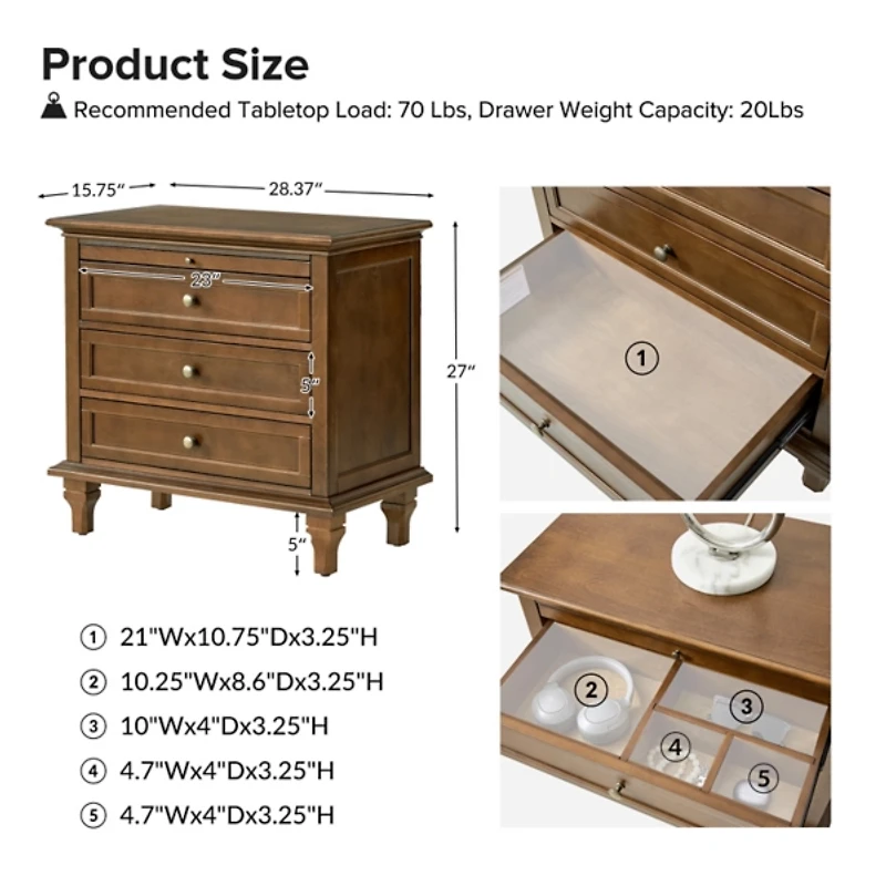 Walnut Brown Dominic 3 Drawer Charging Nightstand