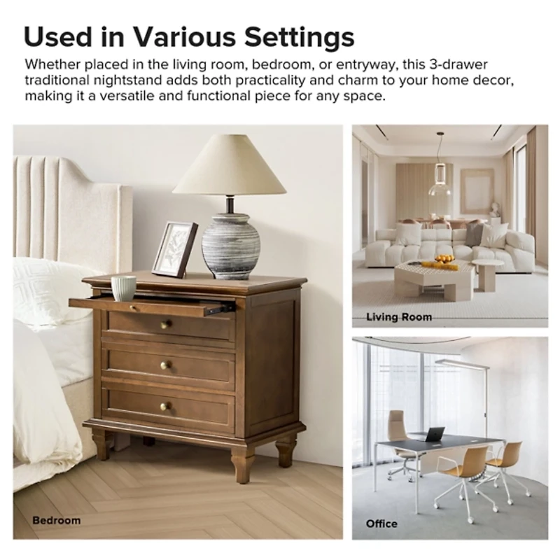 Walnut Brown Dominic 3 Drawer Charging Nightstand