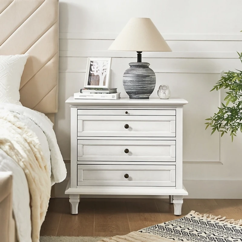 White Wood Dominic 3 Drawer Charging Nightstand