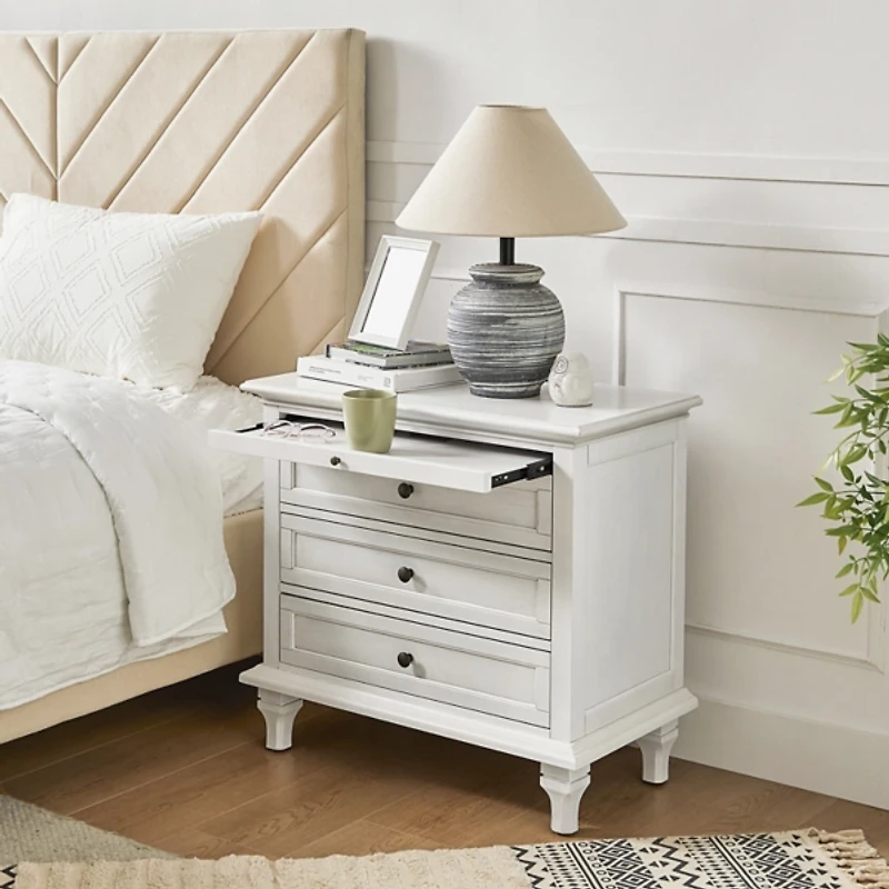 White Wood Dominic 3 Drawer Charging Nightstand