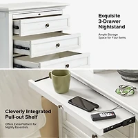 White Wood Dominic 3 Drawer Charging Nightstand