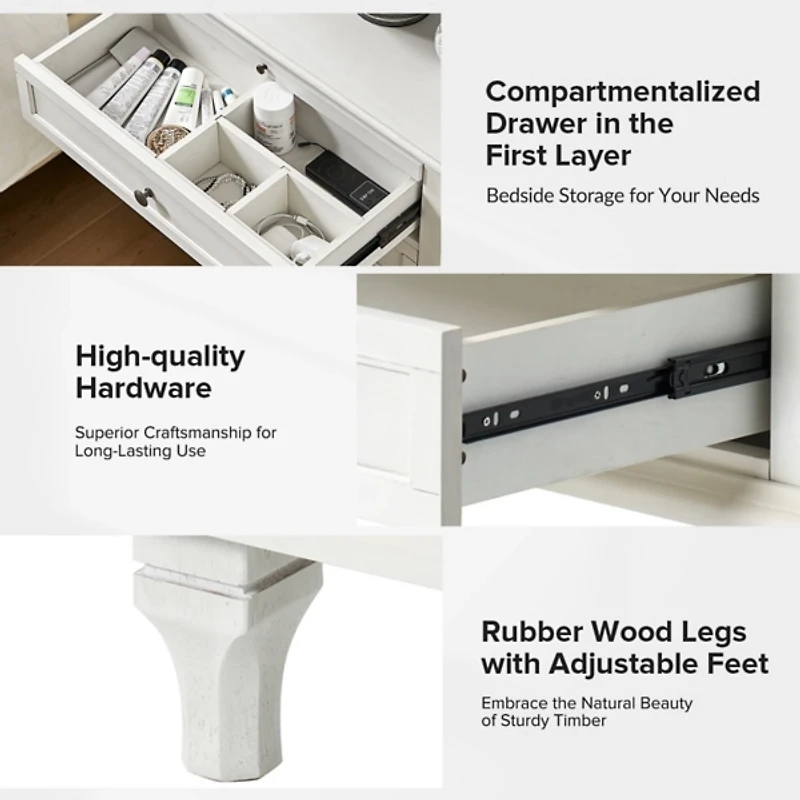 White Wood Dominic 3 Drawer Charging Nightstand