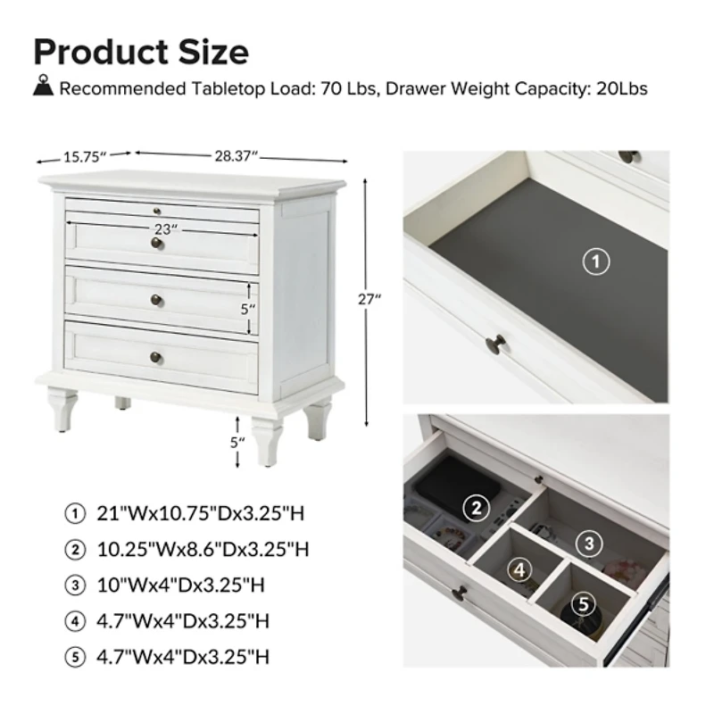 White Wood Dominic 3 Drawer Charging Nightstand