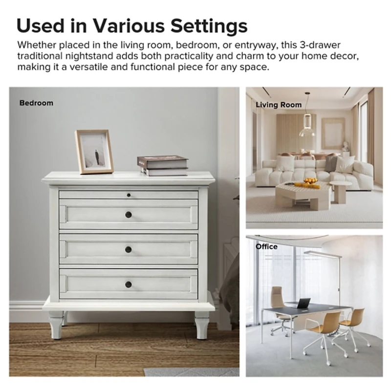 White Wood Dominic 3 Drawer Charging Nightstand