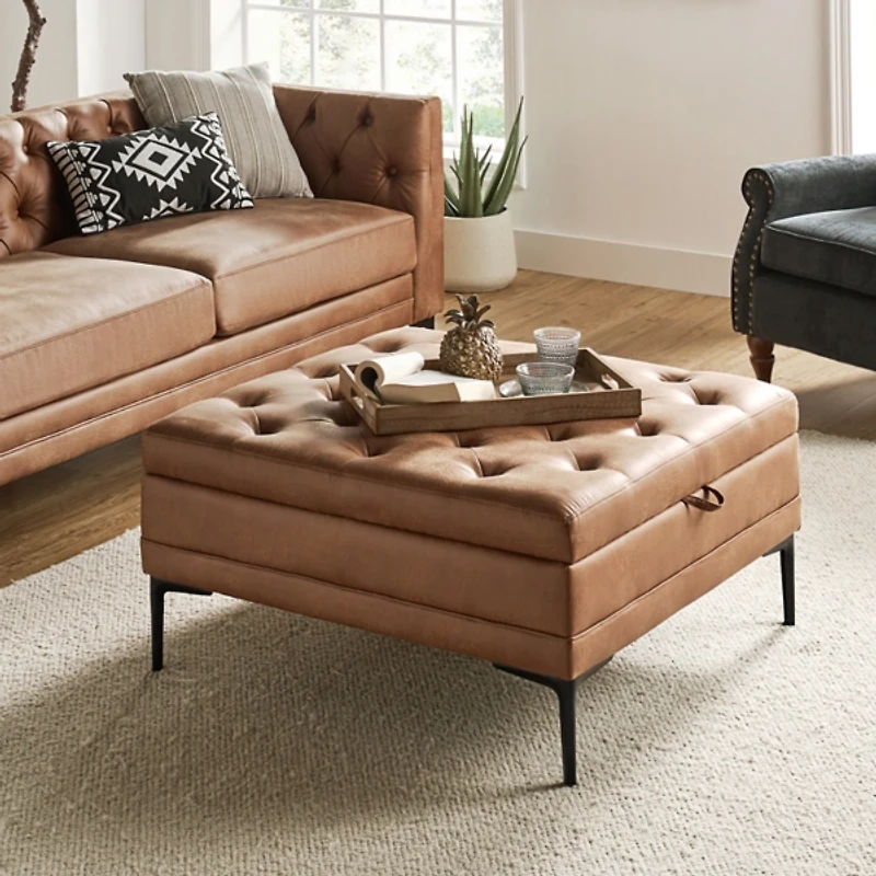Camel Faux Leather Irvin Flip-Top Storage Ottoman