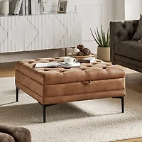 Camel Faux Leather Irvin Flip-Top Storage Ottoman
