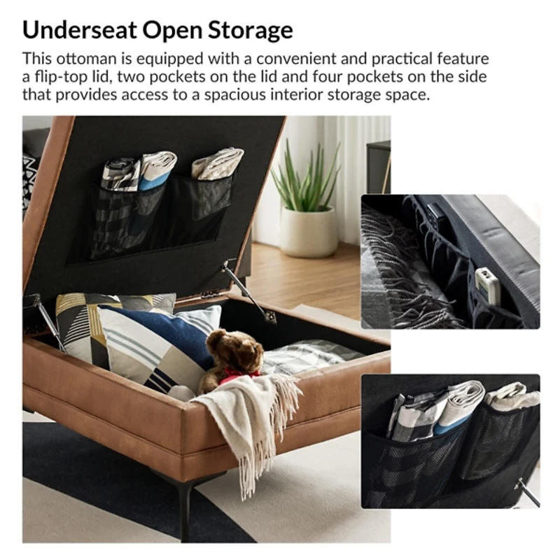 Camel Faux Leather Irvin Flip-Top Storage Ottoman