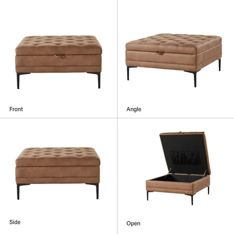 Camel Faux Leather Irvin Flip-Top Storage Ottoman