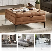 Camel Faux Leather Irvin Flip-Top Storage Ottoman