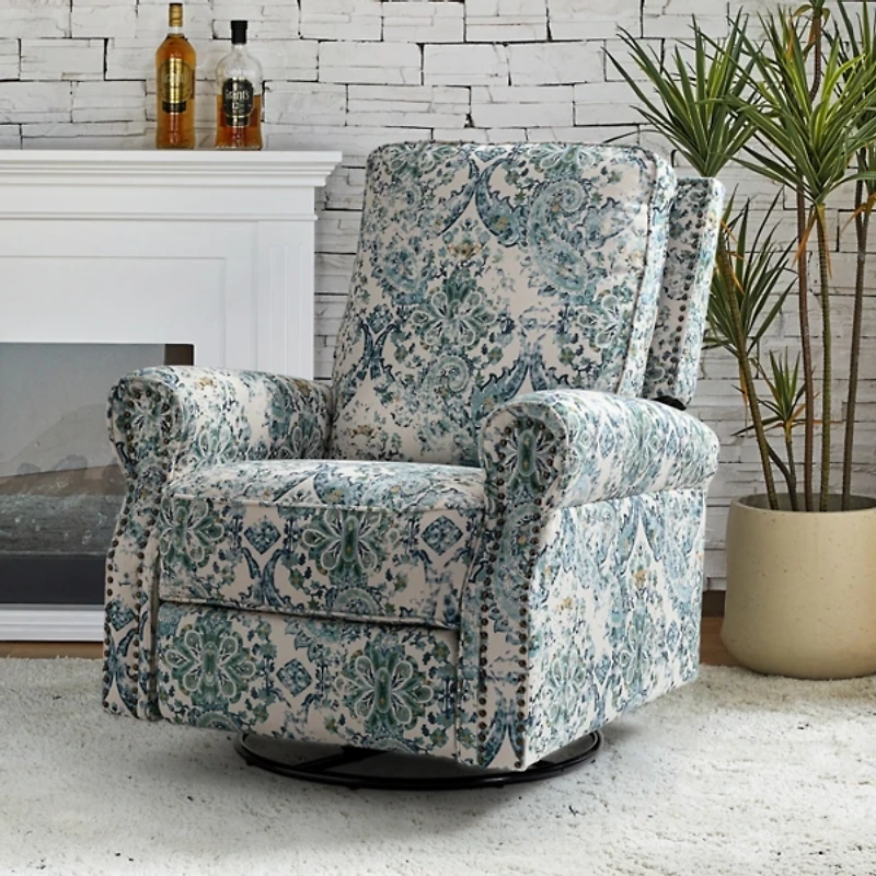 Blue Floral Kaspar Swivel Manual Recliner