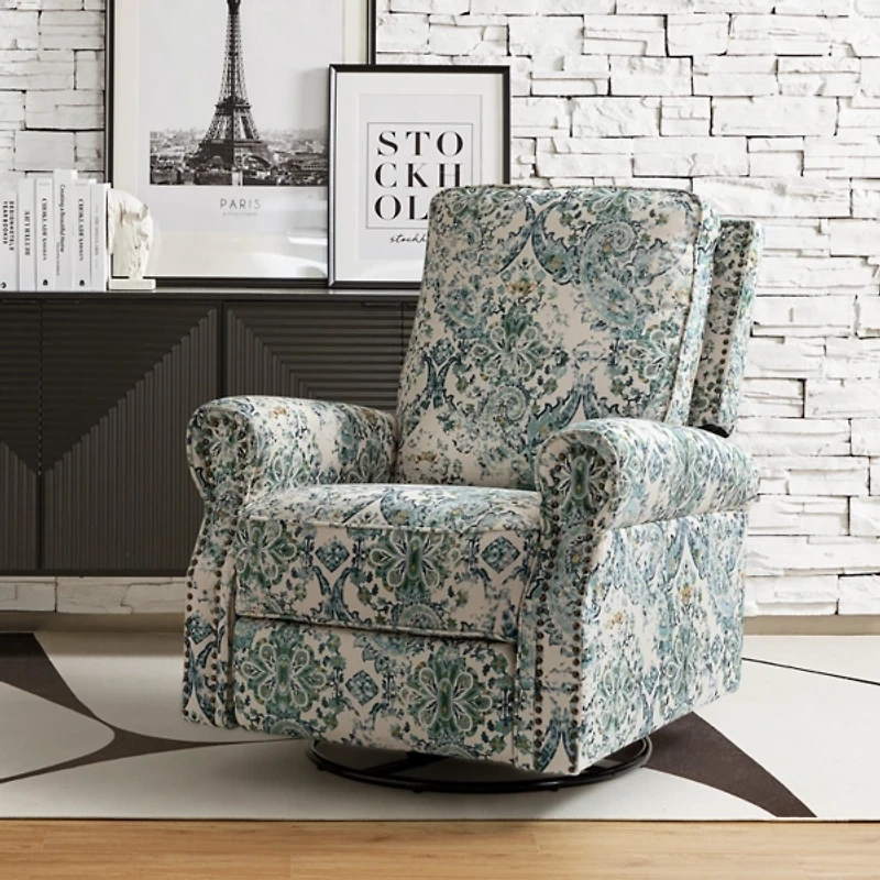 Blue Floral Kaspar Swivel Manual Recliner