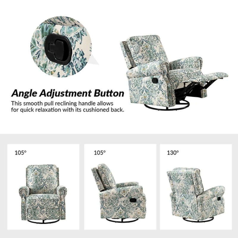 Blue Floral Kaspar Swivel Manual Recliner