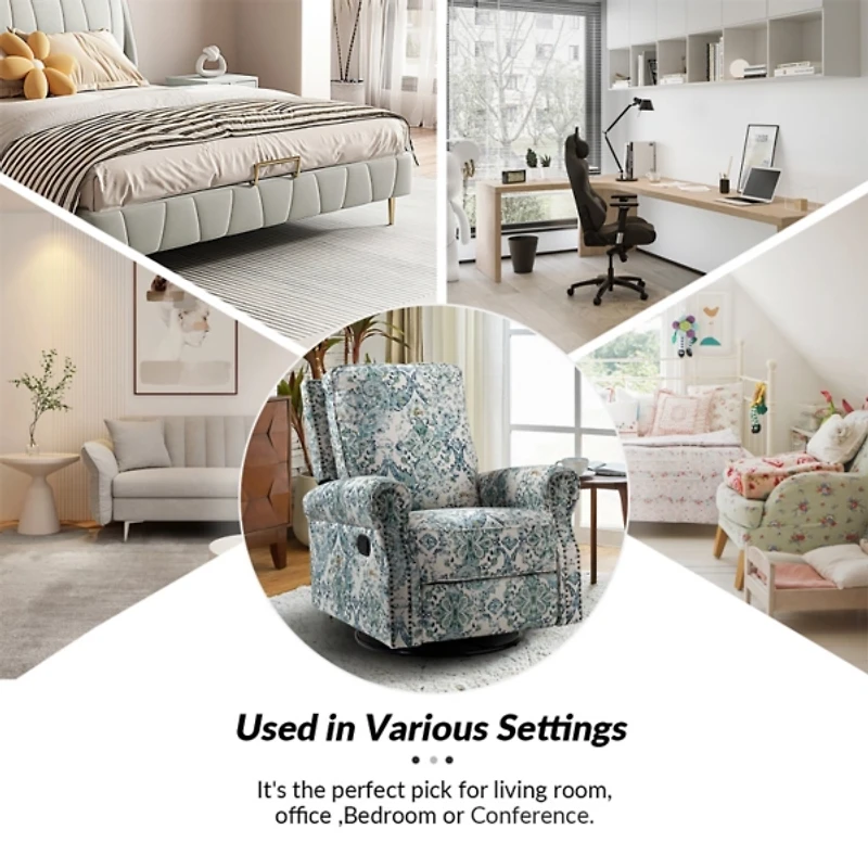 Blue Floral Kaspar Swivel Manual Recliner