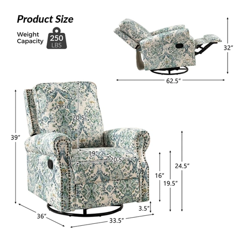 Blue Floral Kaspar Swivel Manual Recliner