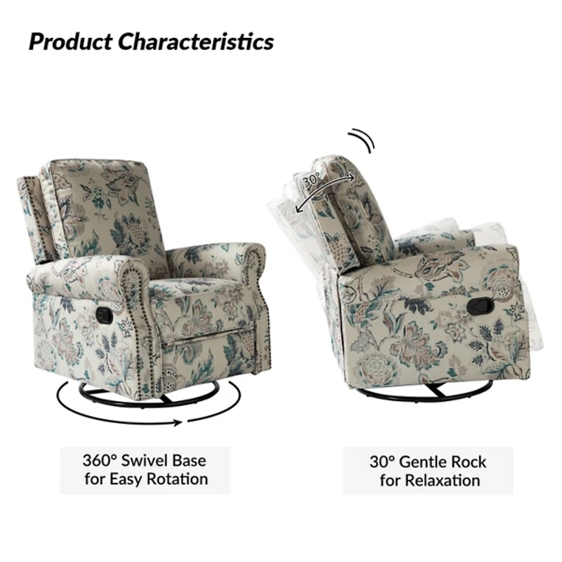 Teal Floral Kaspar Swivel Manual Recliner