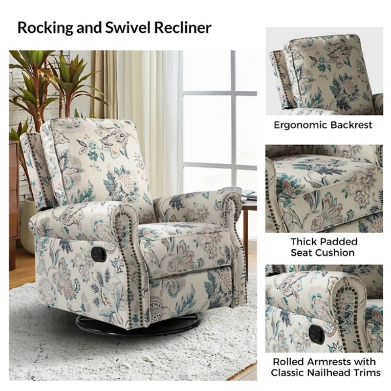 Teal Floral Kaspar Swivel Manual Recliner