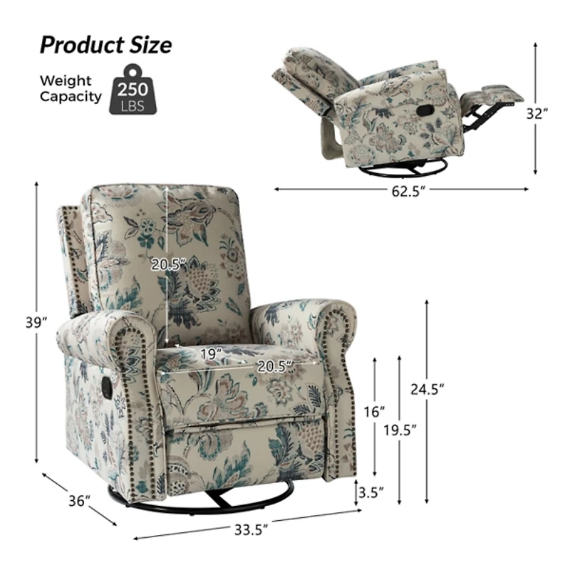 Teal Floral Kaspar Swivel Manual Recliner