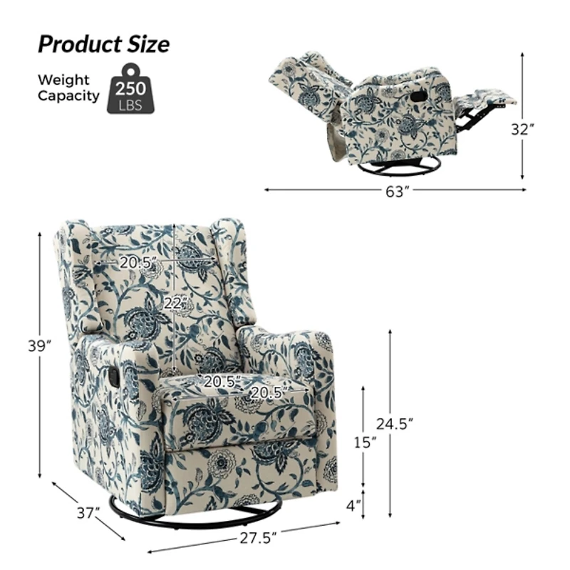 Blue Floral George Wingback Recliner