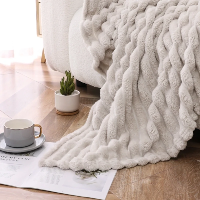 Beige Blaise Faux Fur Ribbed Throw