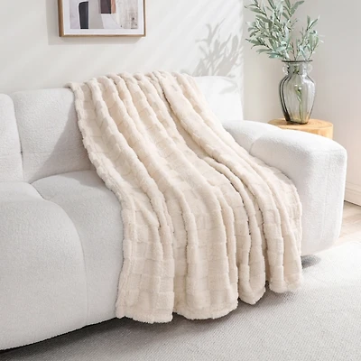 Cream Zane Faux Fur Checkered Throw