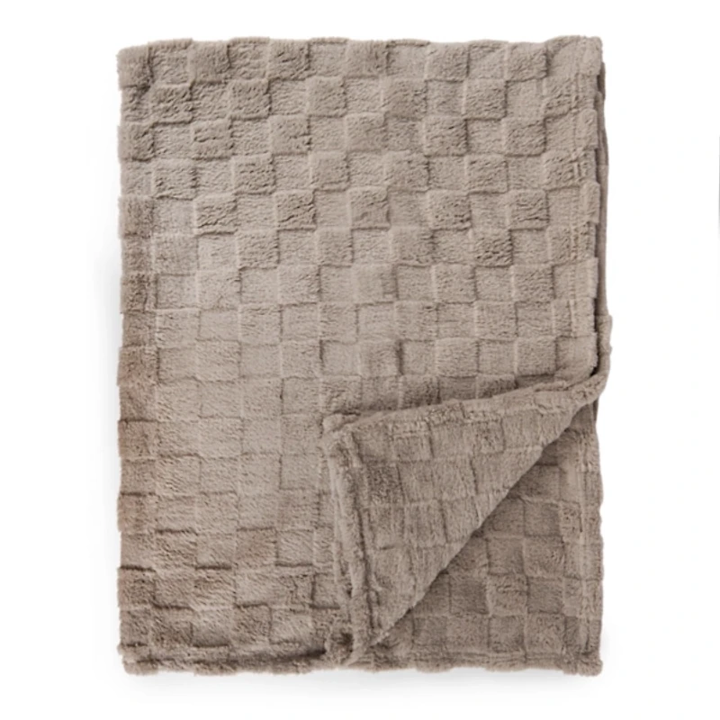 Silver Zane Faux Fur Checkered Throw