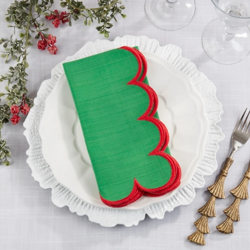 Green and Red Scalloped Napkins, Set of 4
