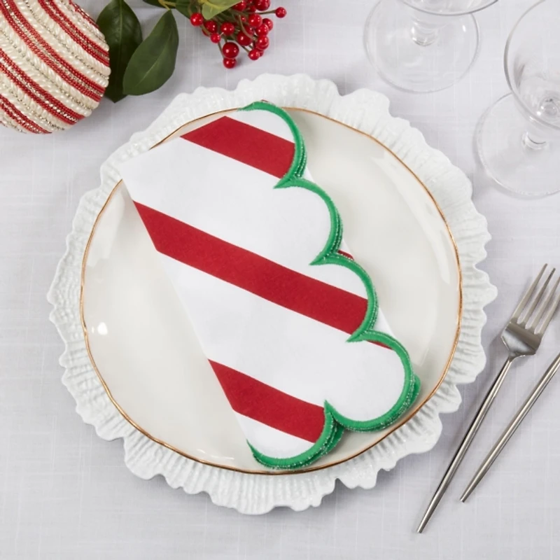 Red Stripe Scalloped Napkins, Set of 4
