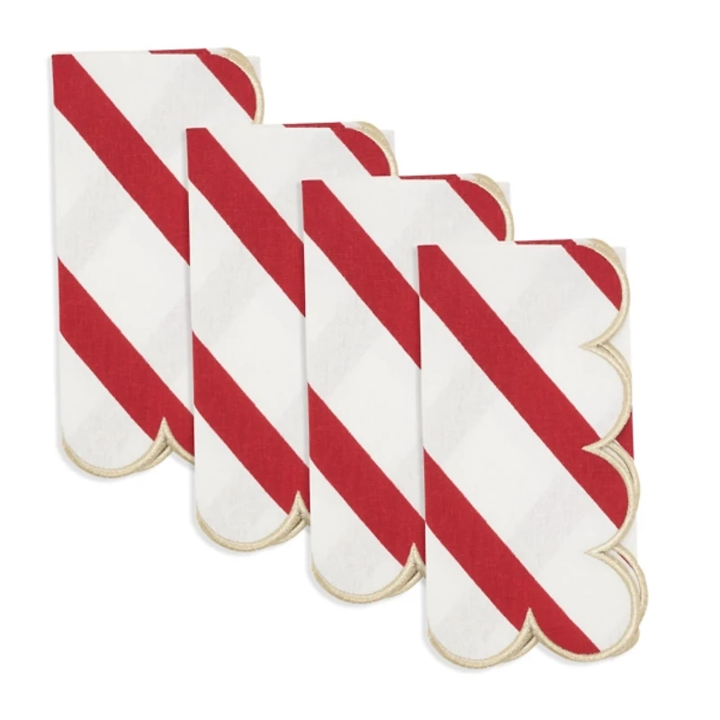 Red & Gold Stripe Scalloped Napkins, Set of 4