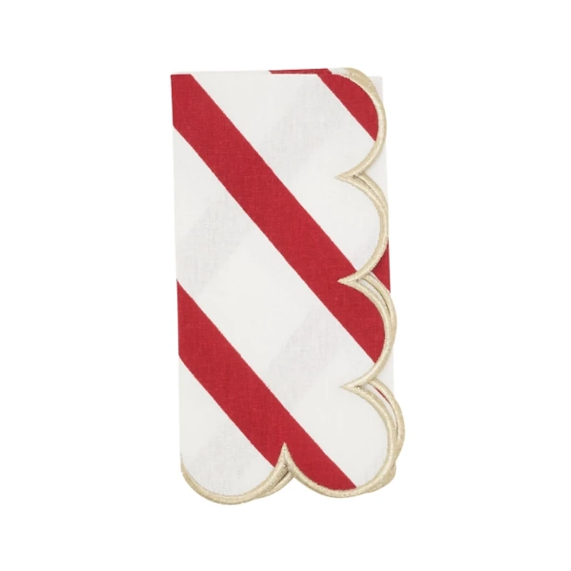 Red & Gold Stripe Scalloped Napkins, Set of 4