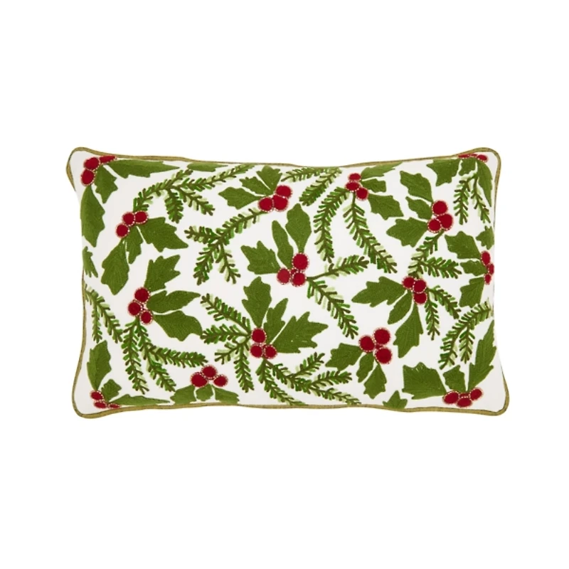 Holly Embroidered Christmas Lumbar Pillow